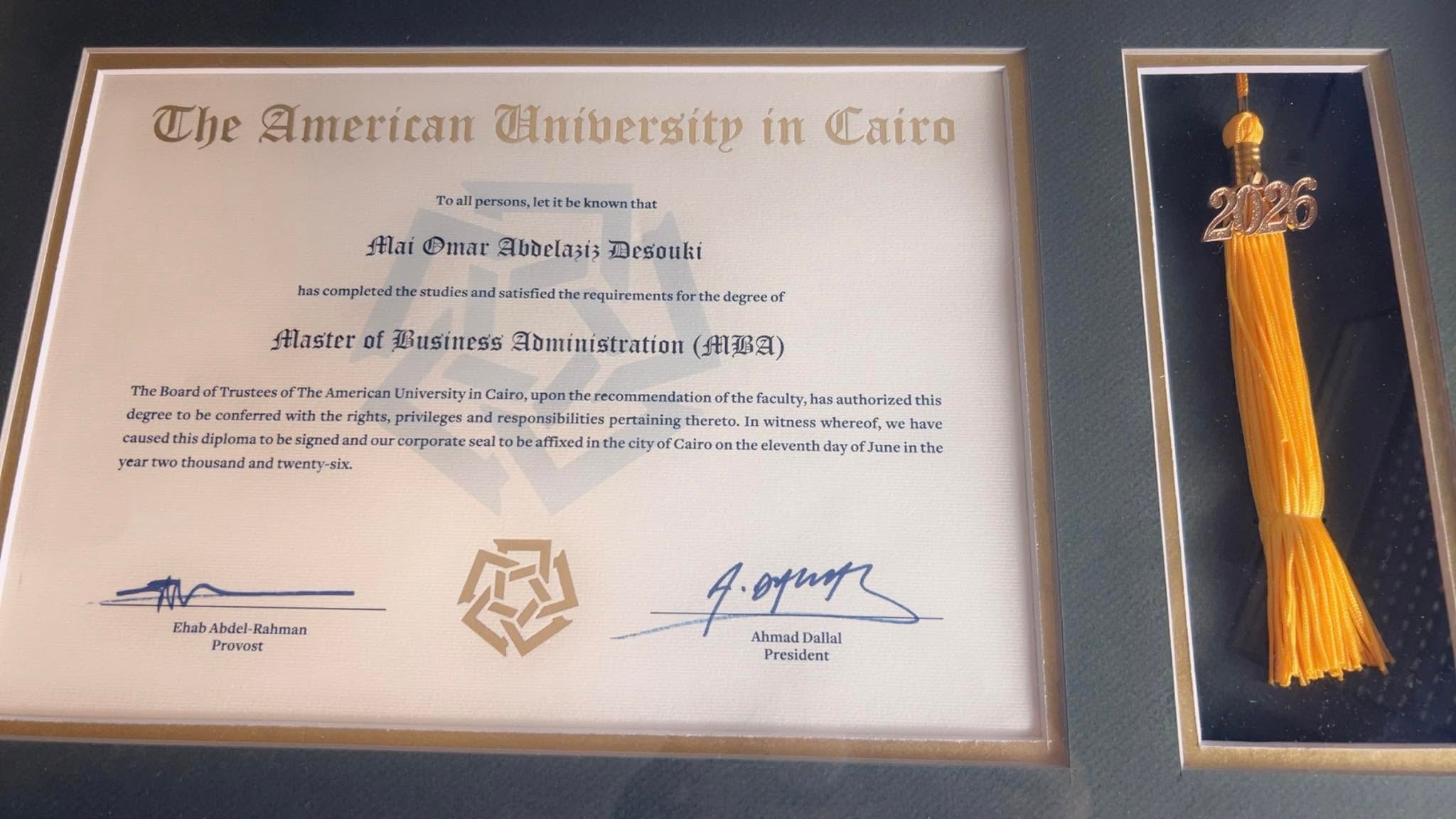 Mai Omar Desouki AUC MBA graduation certificate